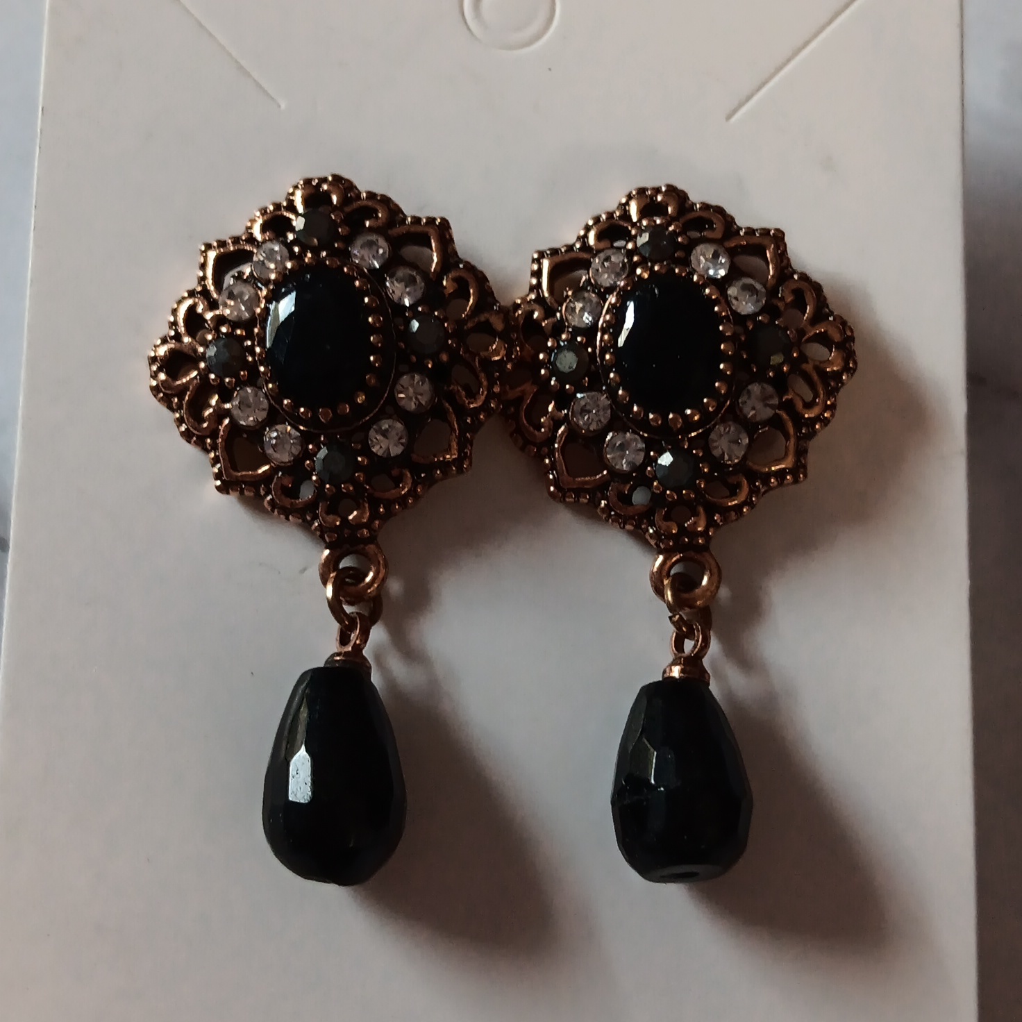 Elegant Black & Gold Rhinestone Dangle Drop Earrings New!